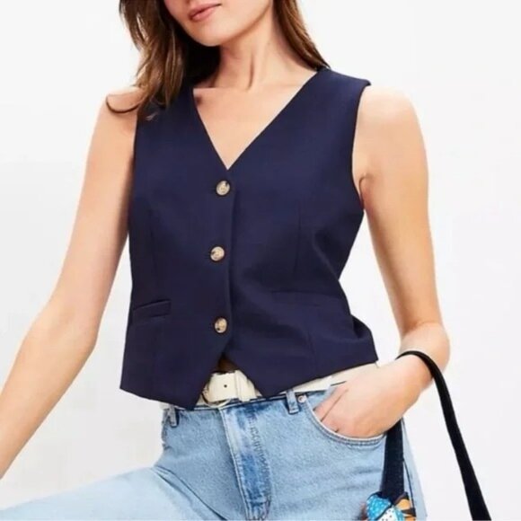 LOFT Versa Ponte Pocket Vest Navy Blue Size X Small NWT - Picture 1 of 9